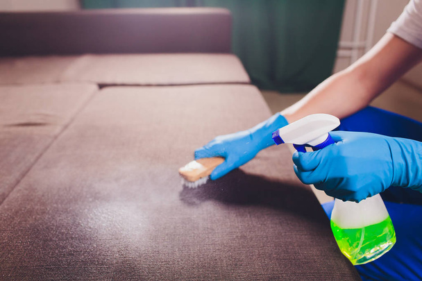 Cropped image. Cleaning concept. Male hand in turquoise, rubber protective gloves cleaning sofa couch in the room. - Photo, Image
