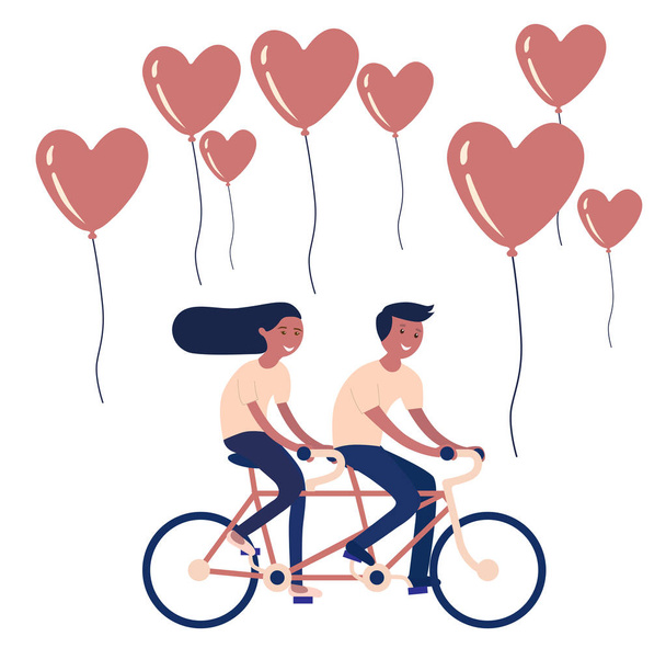 Lachende paar rijden op de fiets met liefde de inscriptie, vector - Vector, afbeelding