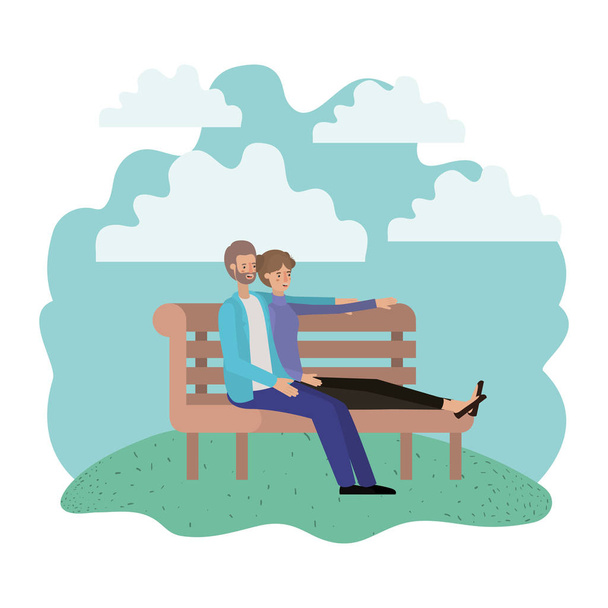公園の椅子アバターをキャラクターに座っているカップル - ベクター画像