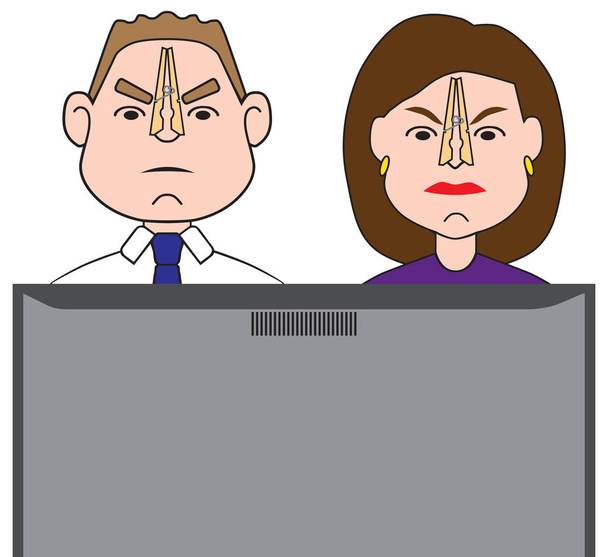 Sarjakuva mies ja nainen katsovat TV-ohjelma, että he eivät ole tyytyväisiä
 - Vektori, kuva