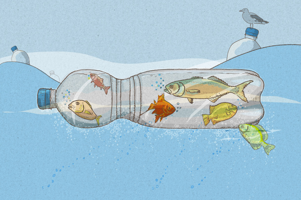 poluição plástica no mar com peixes nas garrafas no oceano
 - Foto, Imagem