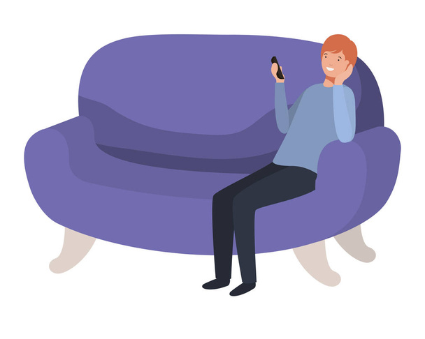man sitting in chair with smartphone avatar character - ベクター画像