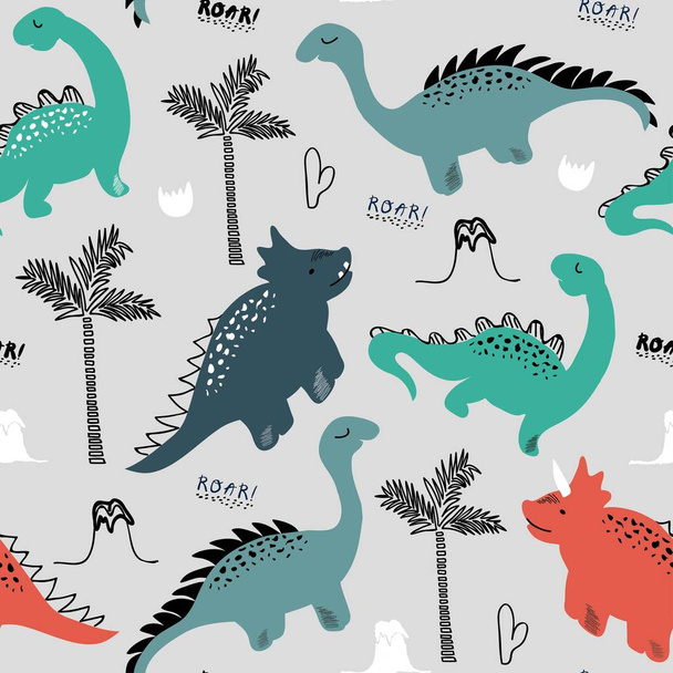 childish dinosaur seamless pattern for fashion clothes, fabric, t shirts. hand drawn vector with lettering - Vector, Image