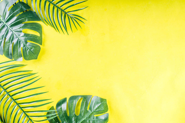 Тропический фон. Листья пальмы и чудовища на желто-синем фоне. Flatlay, вид сверху, минимальная планировка, летняя концепция
 - Фото, изображение
