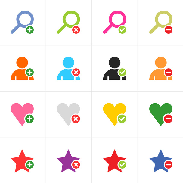 16 web pictogram color set. Loupe, user, star, heart with green plus, red reject, green check mark, red minus sign. Simple solid plain flat minimal icon. Vector illustration design elements 8 eps - Vector, Image