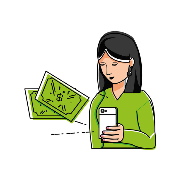 woman using smartphone with bills dollars - Vector, Image