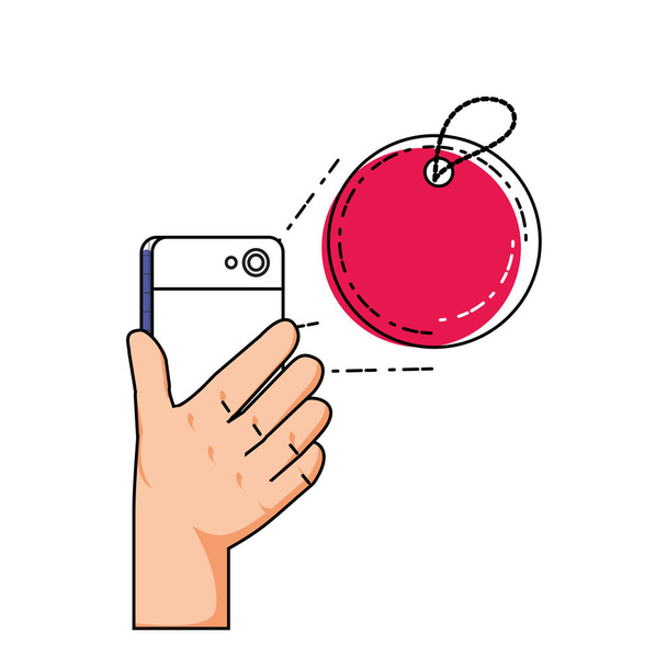 рука за допомогою смартфона з комерційною міткою
 - Вектор, зображення