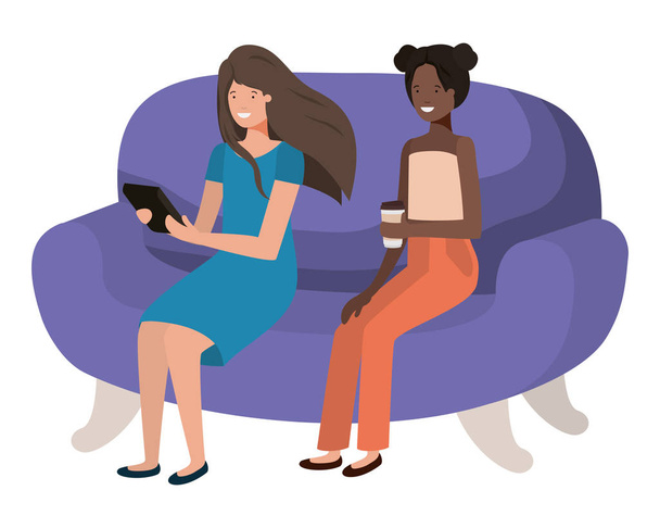 νεαρές γυναίκες που κάθεται στο καναπέ avatar χαρακτήρων - Διάνυσμα, εικόνα