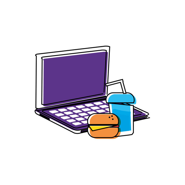 computador portátil com fast food
 - Vetor, Imagem