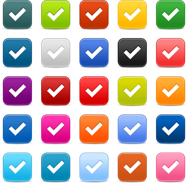 25 smooth satined web 2.0 button with check mark sign. Colored rounded square shapes with gray shadow on white background. This vector illustration saved in 8 eps - Vector, Image