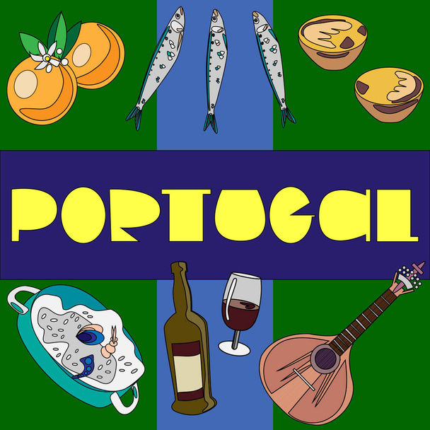Portugal lettering with national food - Vector, Image