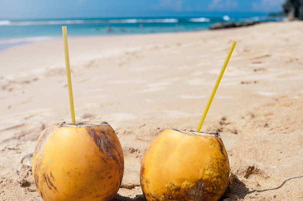 Tropical beach paradise - selective focuse two king coconut, sand, blue ocean, coconut palm, Sri Lanka, travel destination 2019 - Valokuva, kuva