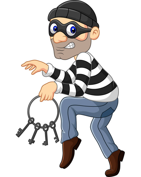 Ilustración vectorial del ladrón de dibujos animados que lleva un montón de llaves esqueléticas
 - Vector, imagen