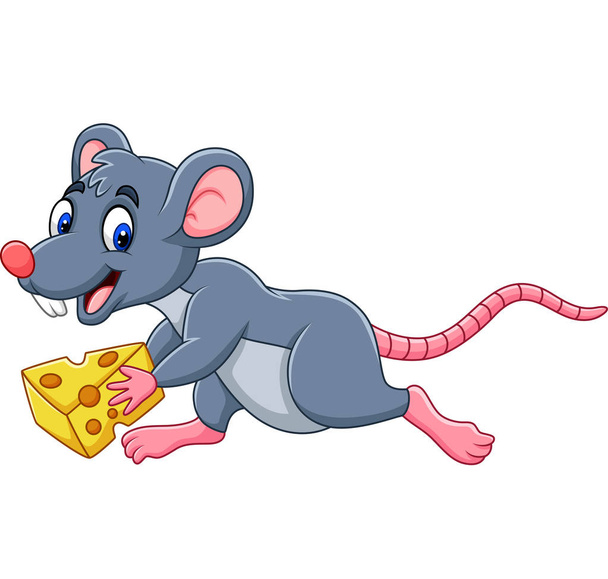 Ilustración vectorial del ratón de dibujos animados corriendo con rebanada de queso
 - Vector, Imagen