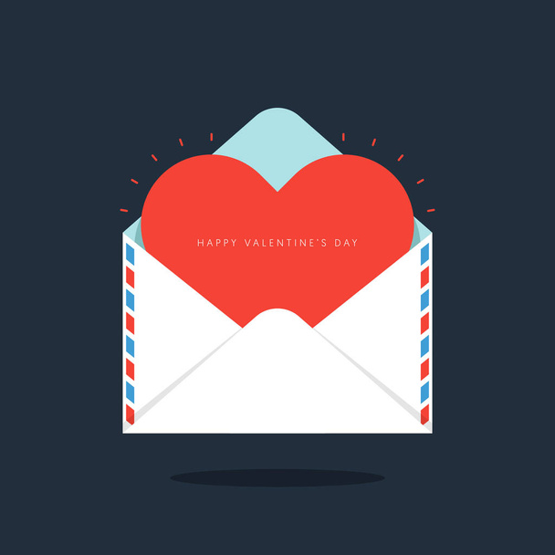 Red heart in envelope Valentine's day concept flat design. Design element can be used for background, poster, greeting card, brochure, leaflet, flyer, print, backdrop, vector illustration - Wektor, obraz