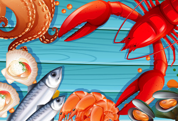 Set von Meeresfrüchten auf hölzernem Hintergrund Illustration - Vektor, Bild