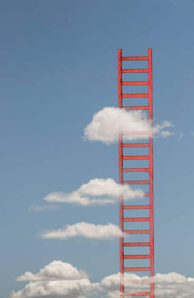 Сходи в хмарах на блакитному небі. Абстрактна концепція з кольоровими сходами і хмарами. Концепція зростання, зростання та успіху
. - Фото, зображення