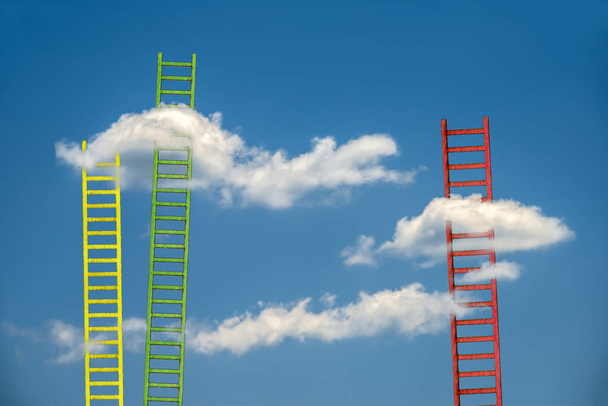 Escadas nas nuvens no céu azul. Conceito abstrato com escada colorida e nuvem. Concepção para o crescimento, ascensão e sucesso
. - Foto, Imagem