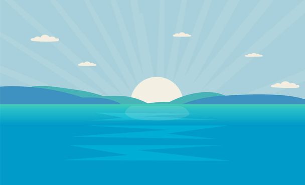 Beautiful sea landscape with sun in morning.Ocean with mountain and sun shine.Vector illustration - Vector, Image