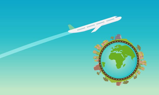 Plane flying in sky with green planet Vector illustration.Travelling around world concept.Banner tour art with transportation. - Vector, Image
