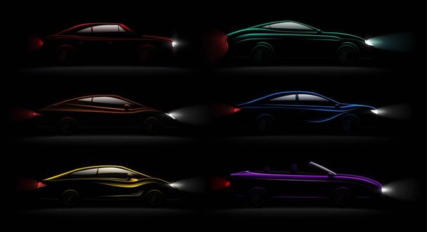 Świecący samochody ciemności realistyczny zestaw - Wektor, obraz