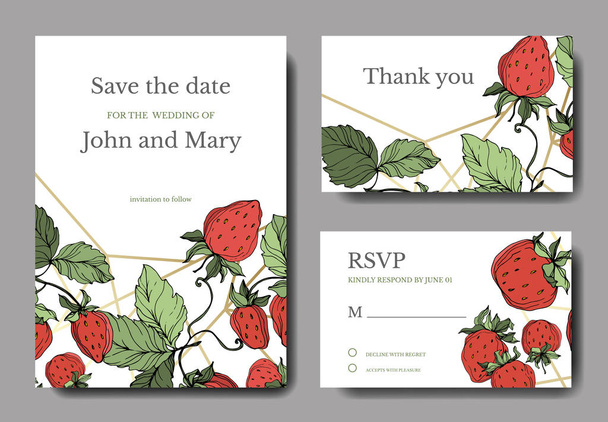 イチゴ果実をベクトルします。緑の葉。刻まれたインク アート。結婚式背景カード フローラル飾り枠. - ベクター画像