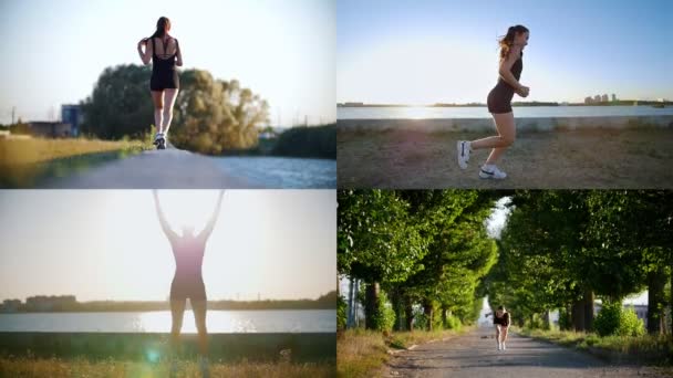 4 σε 1: νεαρή γυναίκα αθλητική τρέξιμο το πρωί και να κάνει ασκήσεις - Πλάνα, βίντεο