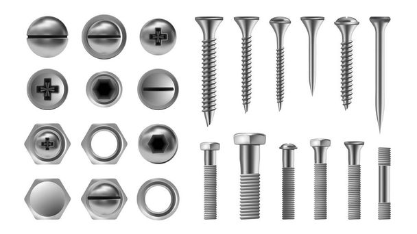Metal Screw Set Vector. Stainless Bolt. Hardware Repair Tools. Head Icons. Nails, Rivets, Nuts. Realistic Isolated Illustration - Vektor, kép