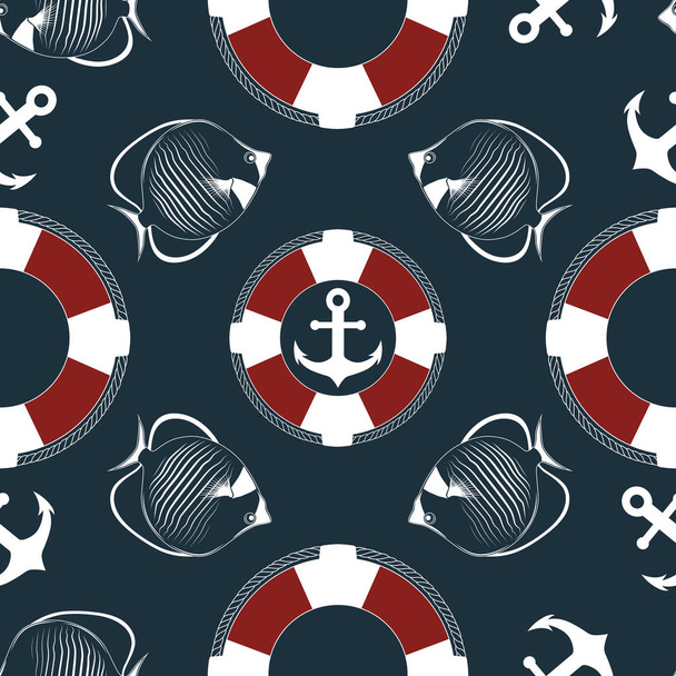 Seamless texture on a dark blue background with the image of anchors, fish, lifebuoys. - Vektor, Bild