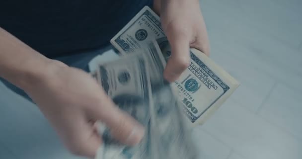Primer plano El hombre cuenta el dinero. Dólares en la mano, dinero en la mano, cuenta el dinero
 - Metraje, vídeo