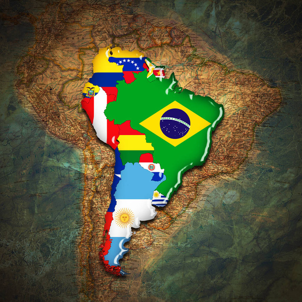 Dél-Amerika, kontinens, zászlók, Térkép-3D illusztráció - Fotó, kép