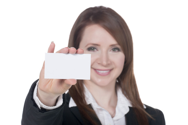 Uma empresária sorridente segurando cartão vazio
 - Foto, Imagem
