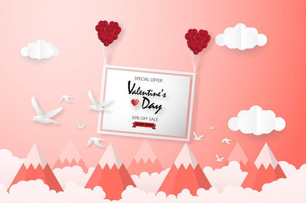 Creative valentines day sale background. Group of hot air balloon paper cut style floating over mountain with clouds and birds background. Vector illustration digital paper craft. Color trend. Flyers. - Vector, Image