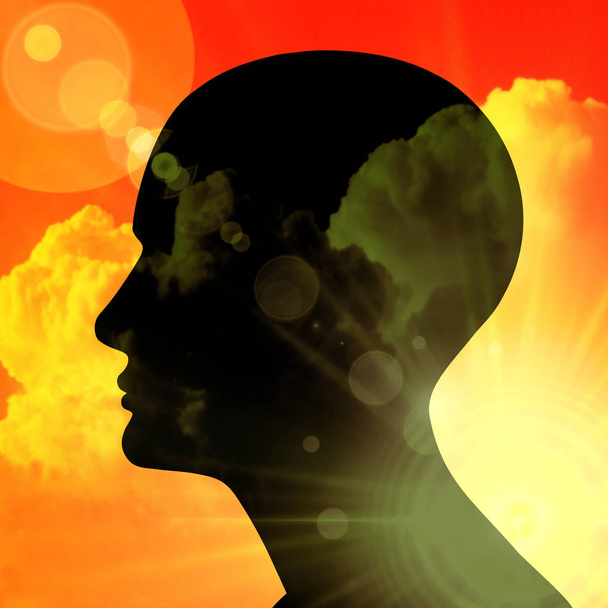 Abstract. Menselijk hoofd met zon. Illustratie - Foto, afbeelding