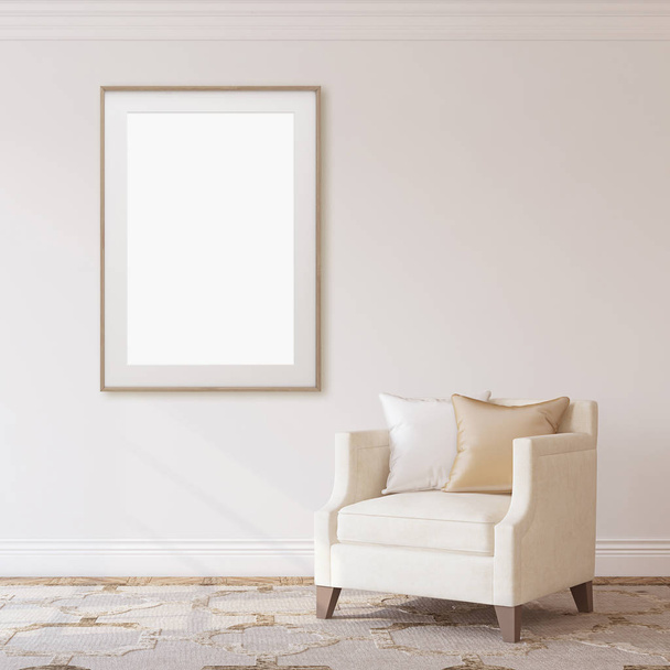 Interior and frame mockup. Armchair near empty white wall. 3d rendering. - Photo, Image