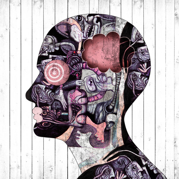  人間の頭は、抽象的な背景-3 d イラスト - 写真・画像