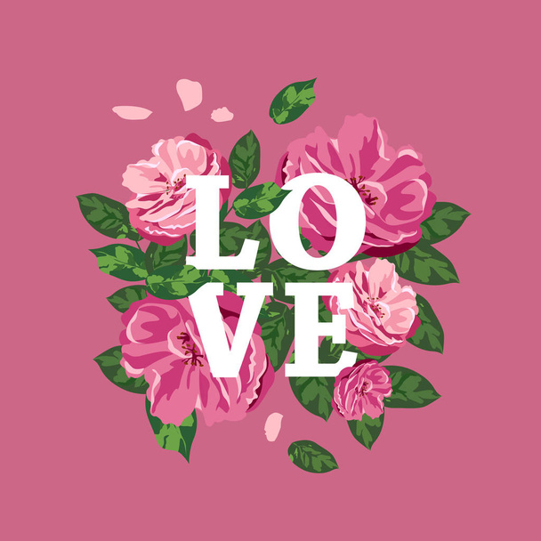 Pink flowers, white love message Happy valentine's day concept design background, vector illustration - Διάνυσμα, εικόνα