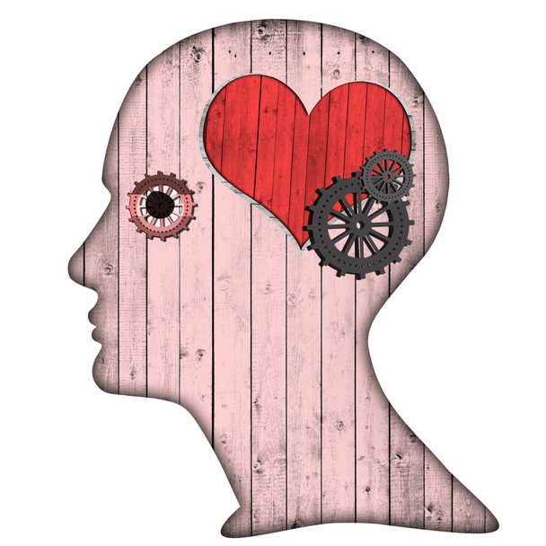  человеческая голова с сердечным знаком и шестеренками, абстрактный фон - 3D иллюстрация
 - Фото, изображение