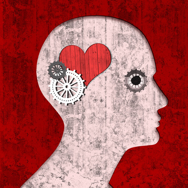  tête humaine avec signe cardiaque et engrenages, fond abstrait - illustration 3D
 - Photo, image