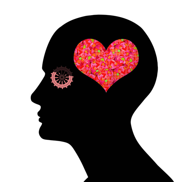  cabeza humana con signo y engranaje del corazón, fondo abstracto - Ilustración 3D
 - Foto, Imagen