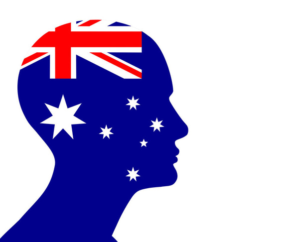 Σημαία της Αυστραλίας με ανθρώπινο κεφάλι και λευκό φόντο. - Φωτογραφία, εικόνα