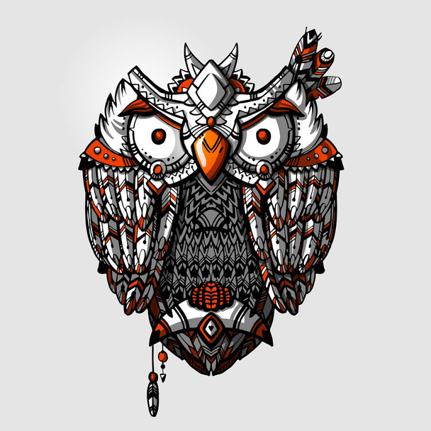 Bohemian hand drawn owl. Tribal boho owl. Wild indian aztec ethnic owl chief.  - Vektor, obrázek