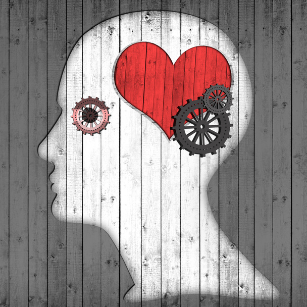  людська голова зі знаком серця і шестернями, абстрактний фон - 3D ілюстрація
 - Фото, зображення