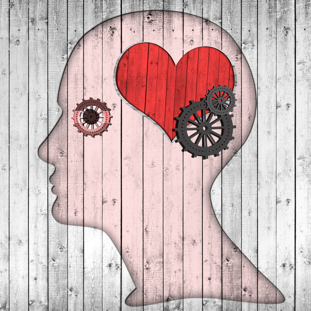  human head with heart sign and gears, abstract background - 3D illustration - 写真・画像