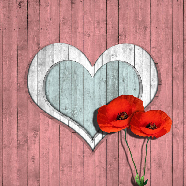rote Mohnblumen und Herzzeichen, Hintergrund - Foto, Bild