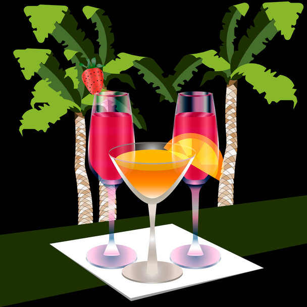 Cocktail romantique. Trois verres avec des boissons sur une serviette. Illustration vectorielle avec verres à cocktail. Cocktail du soir sur fond de palmier. Pour bar, restaurant, café, menu, dépliant, bannière, fête
. - Vecteur, image