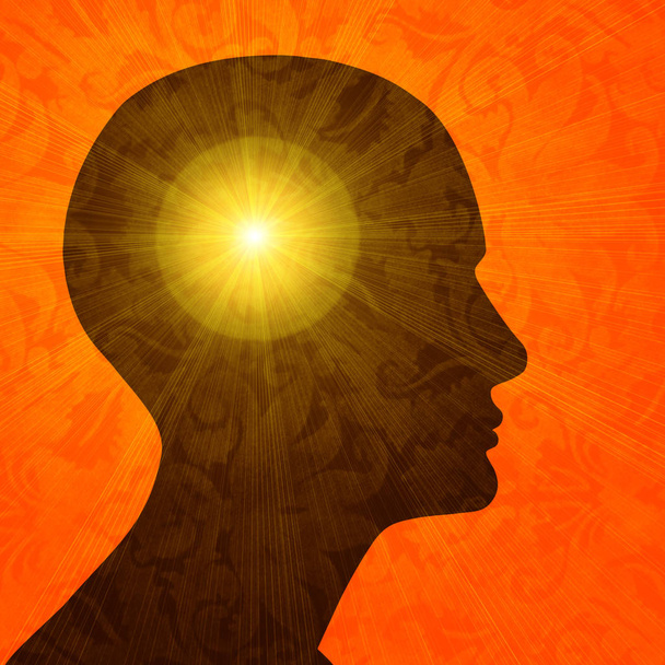 Θρησκευτικά. Ανθρώπινο κεφάλι με ήλιο. Εικονογράφηση - Φωτογραφία, εικόνα
