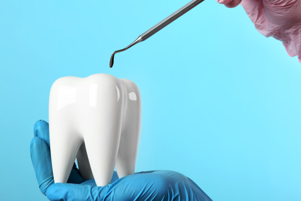 Dentist holding ceramic model of tooth and professional tool on color background, space for text - Photo, image