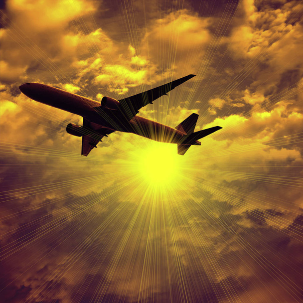 σκοτεινή σιλουέτα των αεροπλάνων που πετούν στον ουρανό  - Φωτογραφία, εικόνα