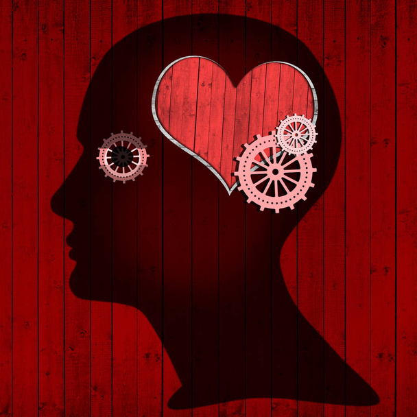  human head with heart sign and gears, abstract background - 3D illustration - Photo, Image